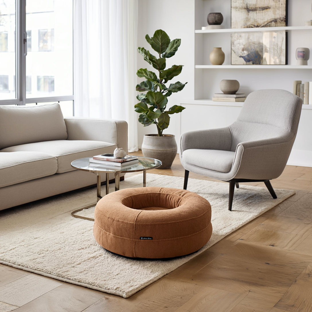 Gen4 Place the uploaded round white pet bed seamlessly into a modern, elegant living room 20846021